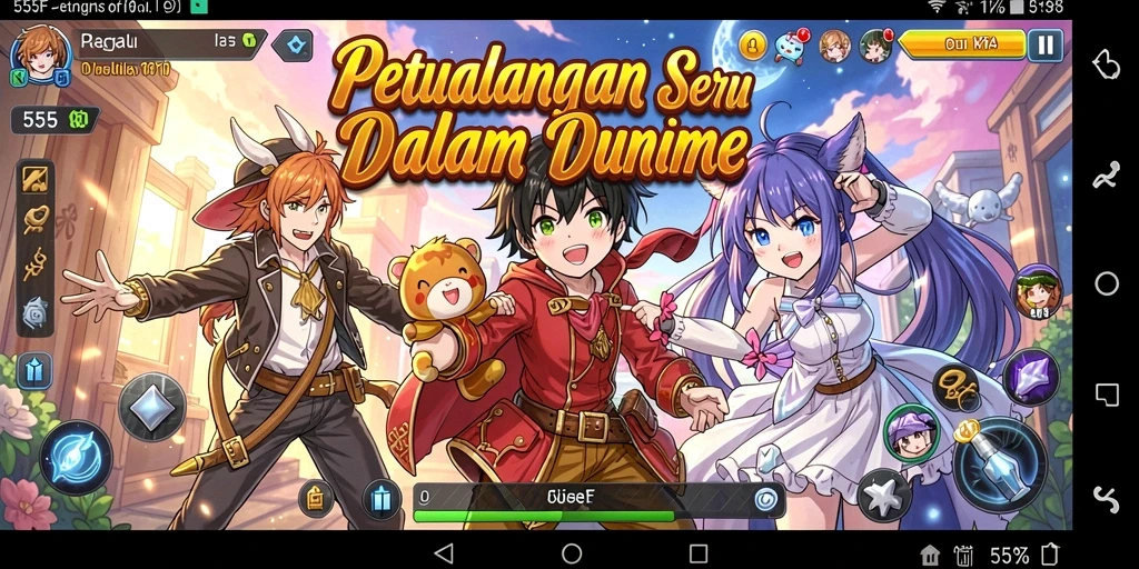 Screenshot gameplay utama 555F menampilkan karakter anime dalam aksi seru.