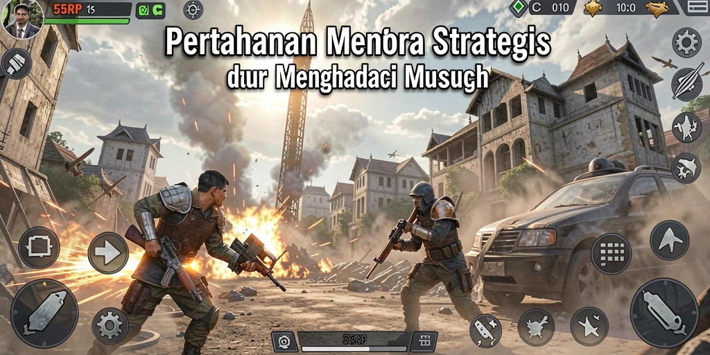Tampilan gameplay 55RP dengan menara pertahanan melawan gelombang musuh.