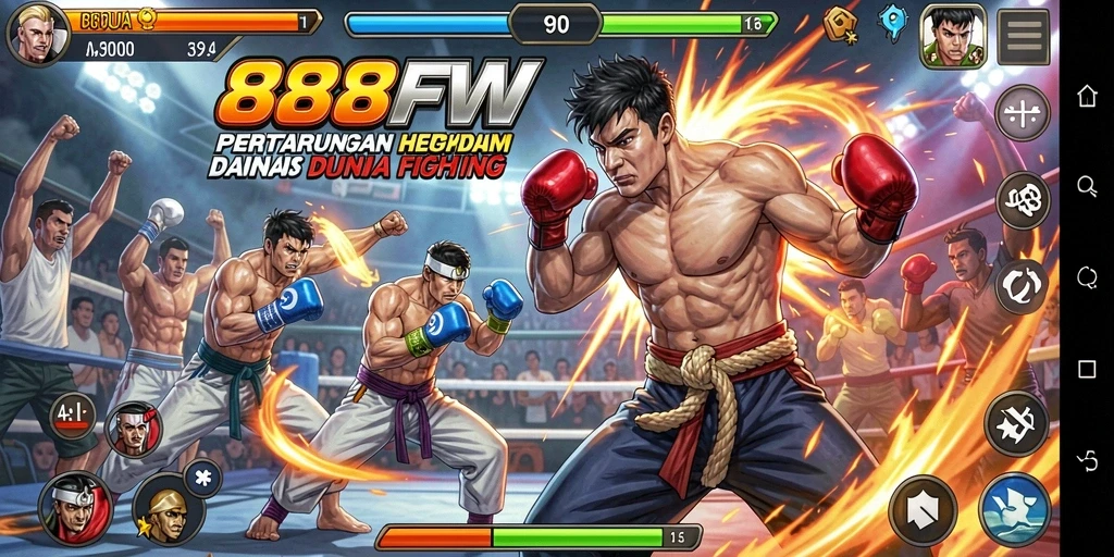 Gameplay aksi mendebarkan di 888FW dengan berbagai karakter pertarungan.