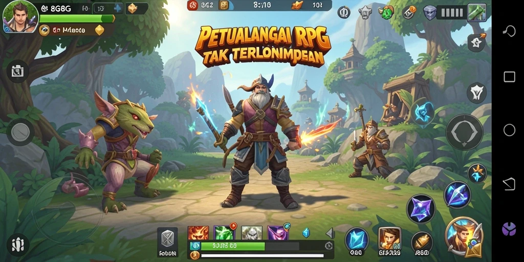 Screenshot utama menampilkan pertarungan epik dalam dunia RPG.