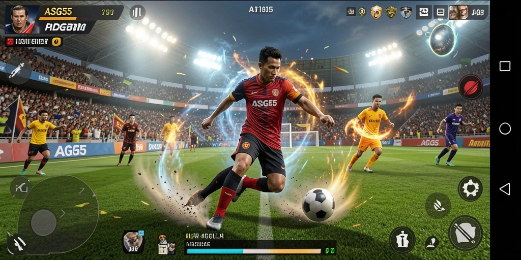 Tangkapan layar gameplay ASG55 yang menampilkan aksi seru pertandingan sepak bola.