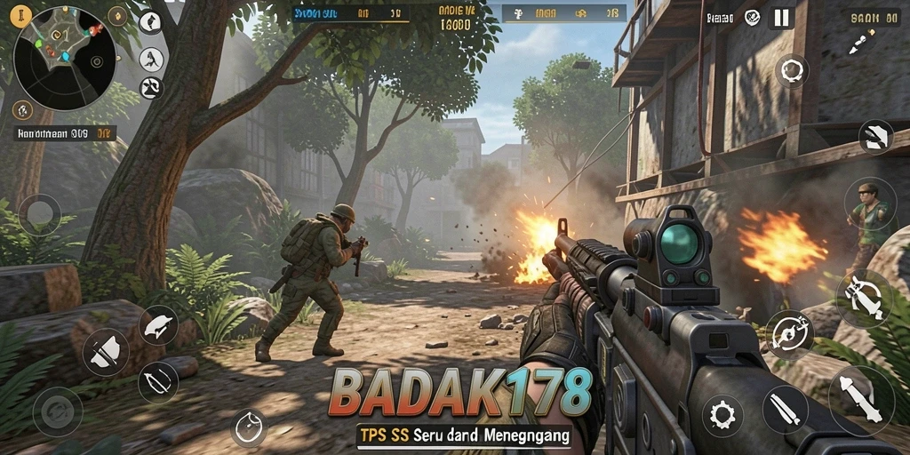 Screenshot menunjukkan pertempuran yang seru dalam game TPS BADAK178.