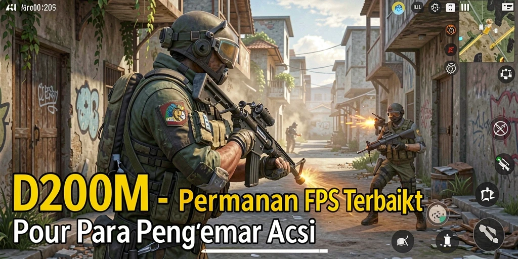 Screenshot D200M menampilkan aksi intens gameplay FPS.