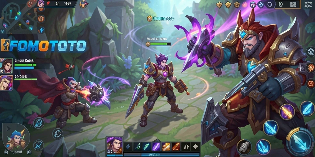 Screenshot gameplay seru FOMOTOTO, pertarungan intens dalam arena MOBA.