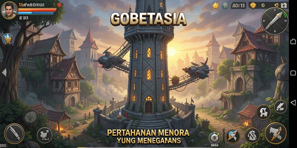 Screenshot utama GOBETASIA menunjukkan strategi menara yang menegangkan.