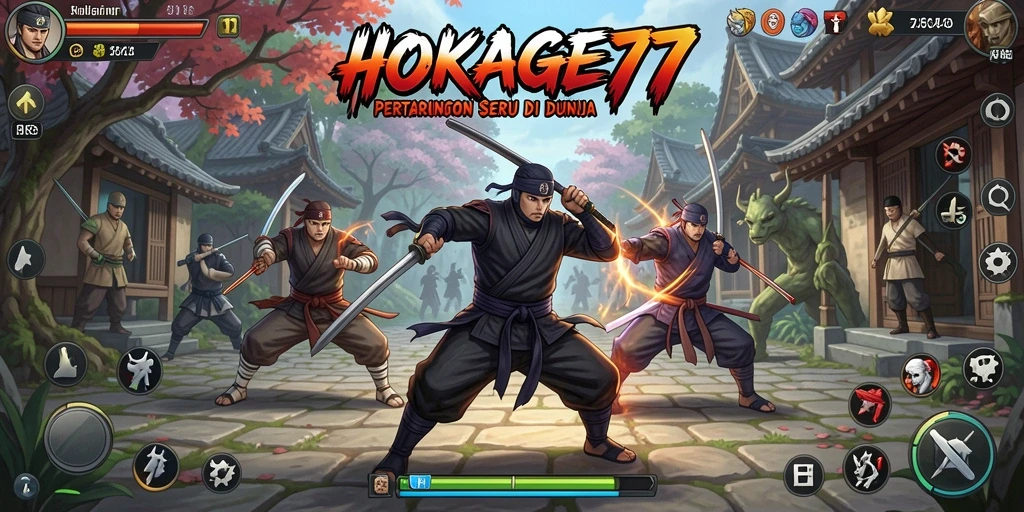 Screenshot utama HOKAGE77 menampilkan aksi pertarungan ninja yang seru.