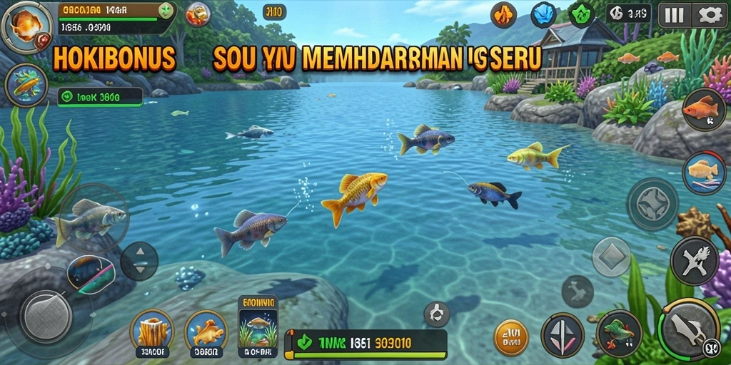 Menampilkan aksi memancing seru di HOKIBONUS dengan berbagai ikan.