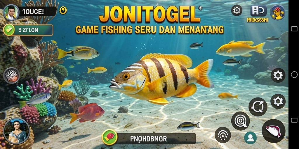 Screenshot gameplay JONITOGEL menampilkan aksi seru memancing di laut.