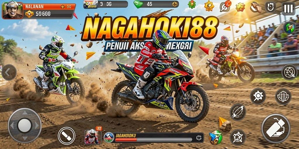 Screenshot gameplay NAGAHOKI88 menunjukkan balapan motor yang intens dan mendebarkan.