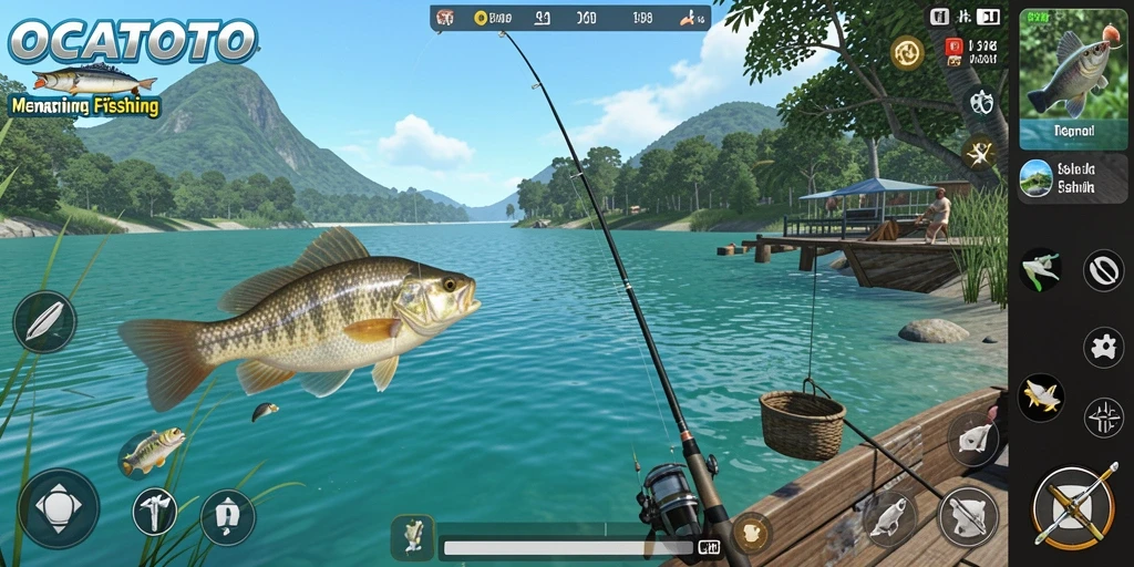 Screenshot permainan OCATOTO dengan grafik memukau saat memancing.