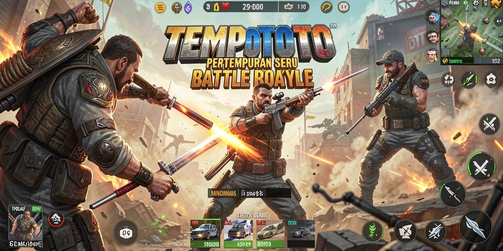 Screenshot TEMPOTOTO menampilkan aksi pertempuran Battle Royale yang mendebarkan.