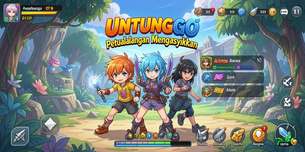 Tampilan gameplay UNTUNGGO dengan karakter anime yang menarik.